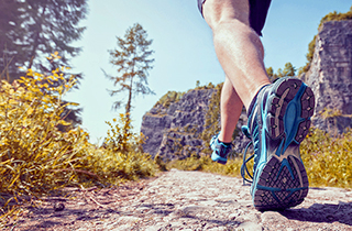 Pair of legs wearing sneakers running on a trail in nature