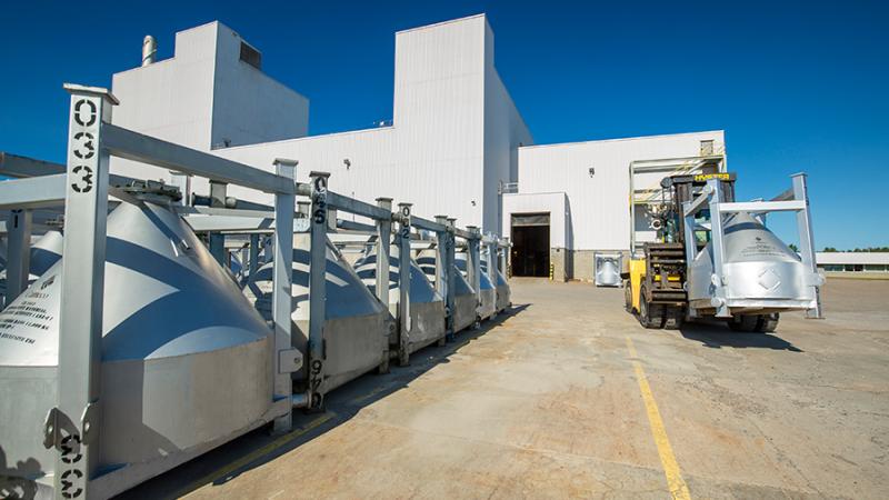 Specially-designed totes are used to safely transport refined U03 to Cameco’s conversion facility in Port Hope. 